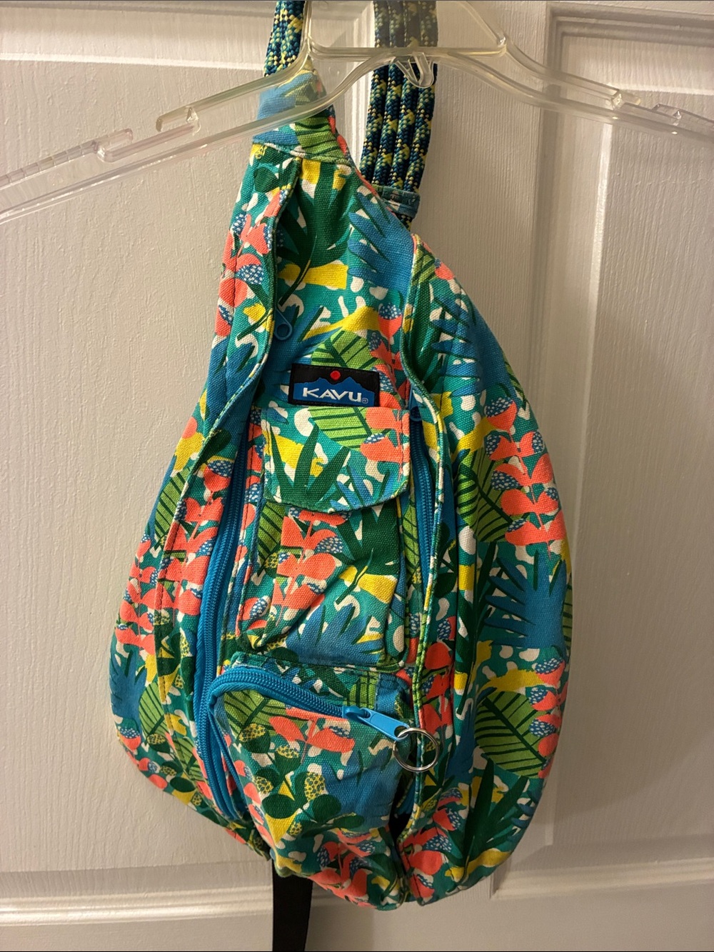 Kavu Tropical Floral Rope Sling Bag — Teal, Coral & Green